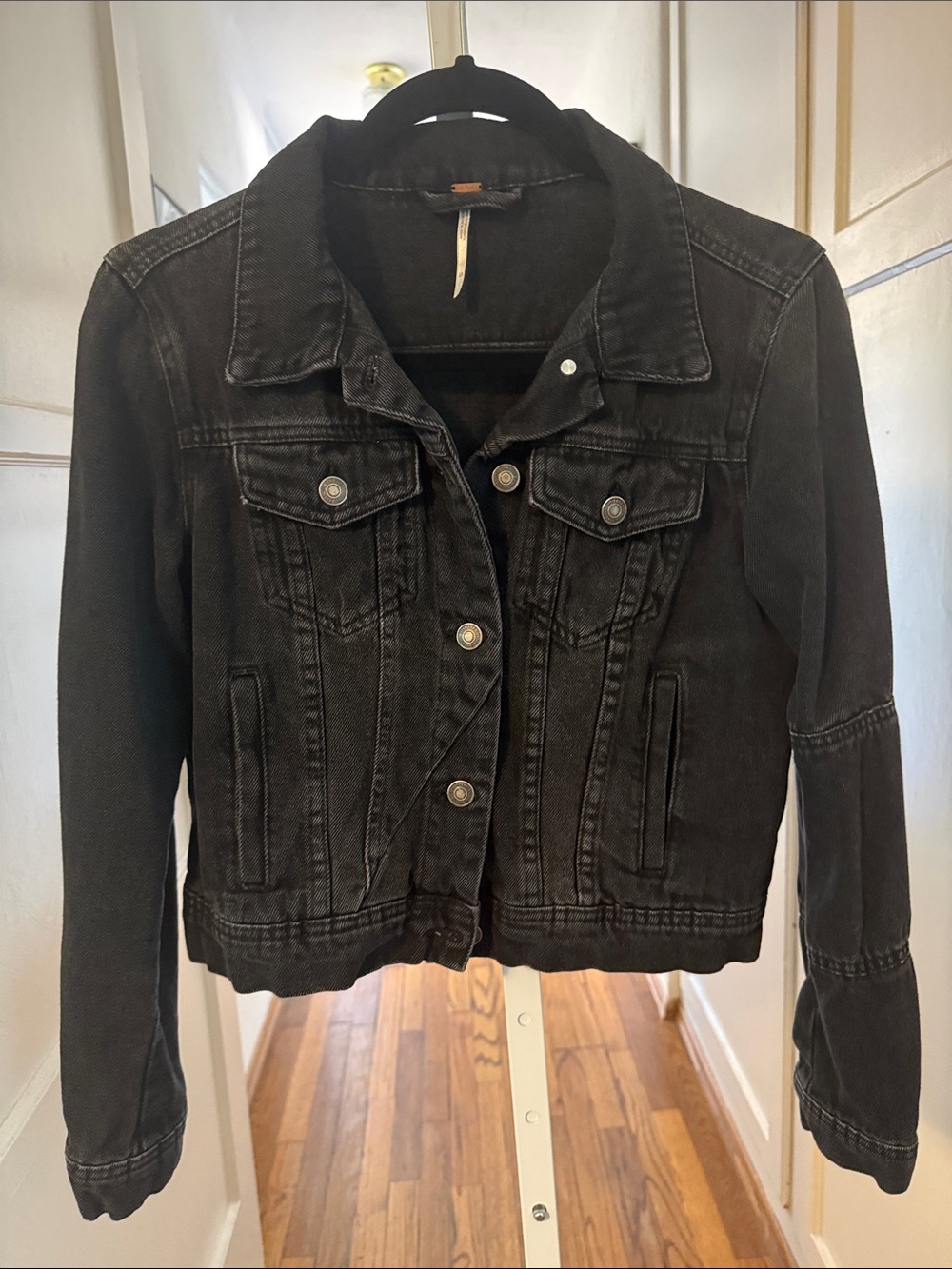 Free People Black Washed Denim Trucker Jacket
